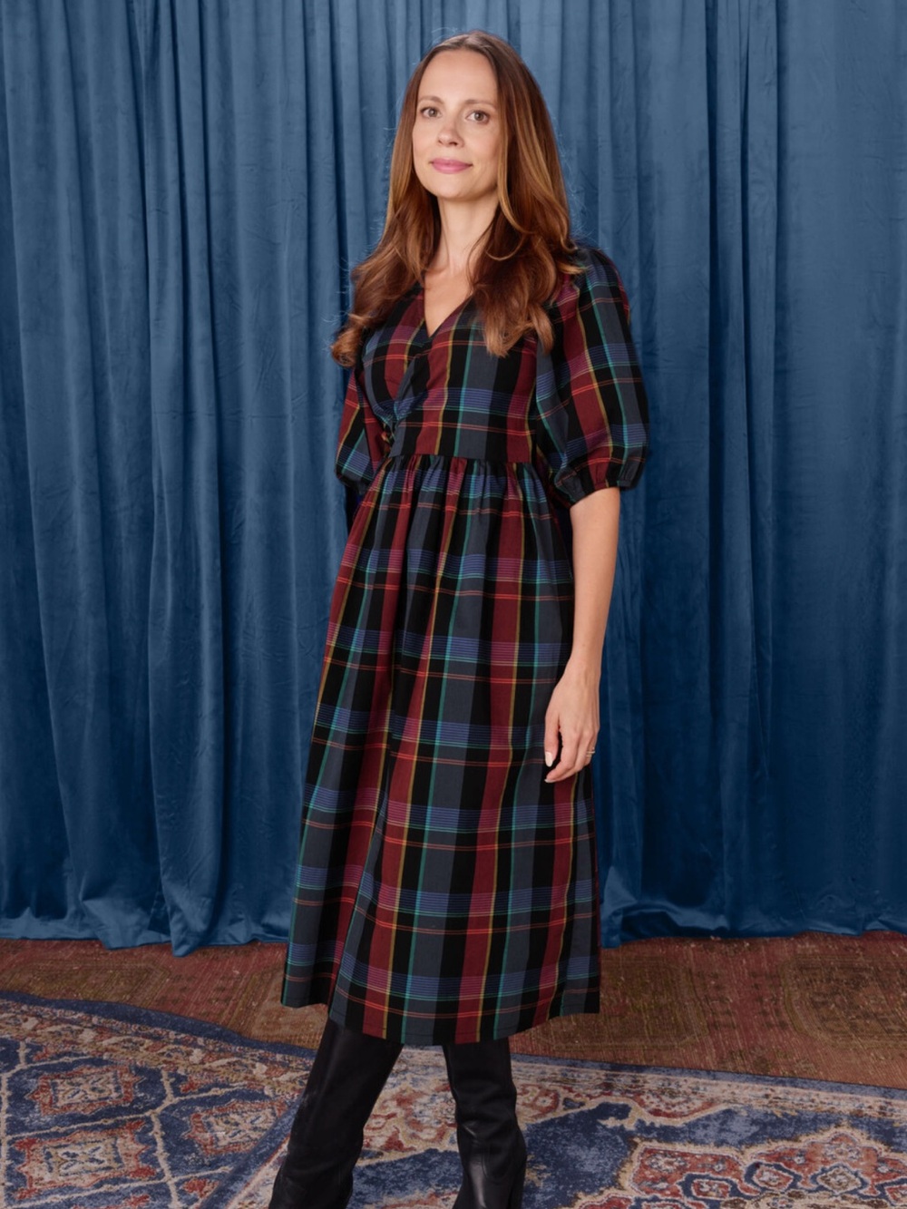 Tea Collection Navy Multi Plaid Puff-Sleeve wrap Midi Dress